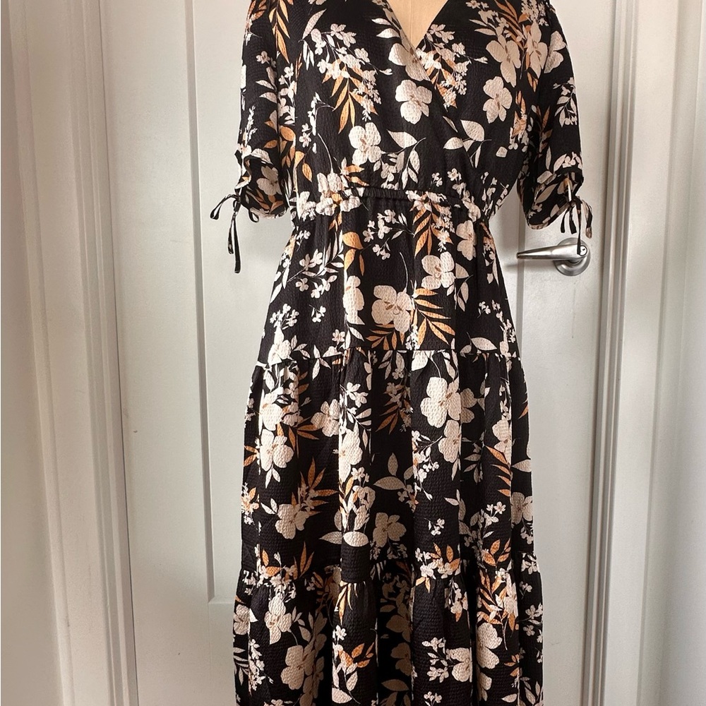 Draper James Tie Sleeve Black Floral Maxi Dress in the Midnight Magnolia print